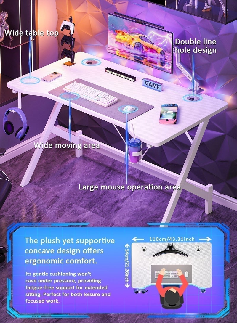 SHEIDLIN Ergonomic Gaming Desk, Carbon Fiber Surface Gaming Table with Headphone Hanger & Cup Holder, White PC Desk for Gaming & Home Office - Image 2