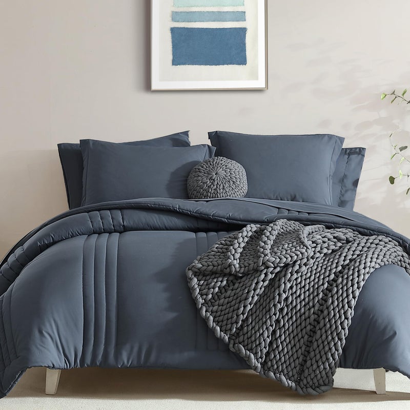 Monbix King Size Comforter Set - 7 Pieces Bed in a Bag King, Blue Gray Bedding Sets with Comforter, All Seasons Comforter Bed Set with Sheets, Pillowcases & Shams - Image 1