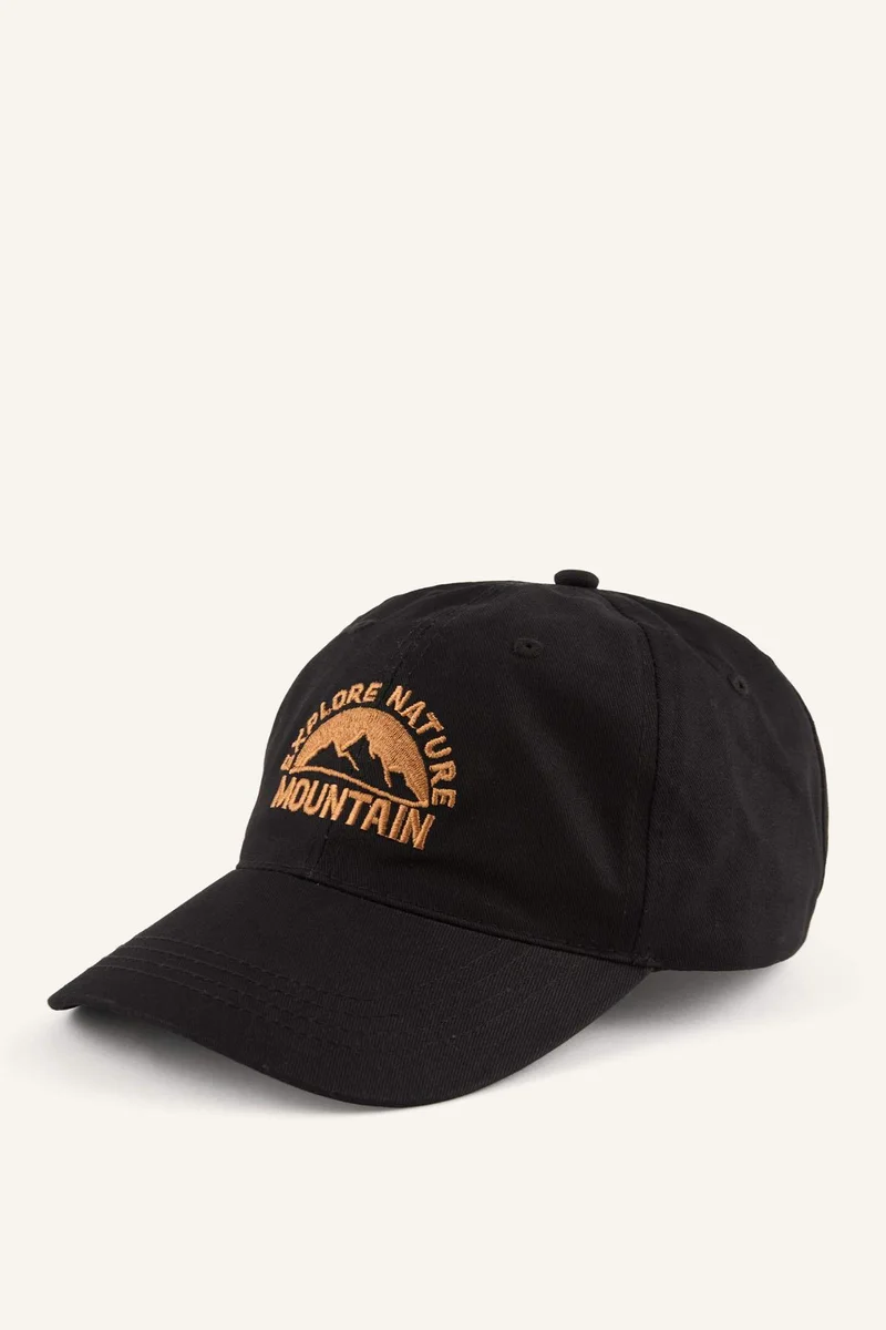 Defacto Man Cotton Black Embroidered Cap