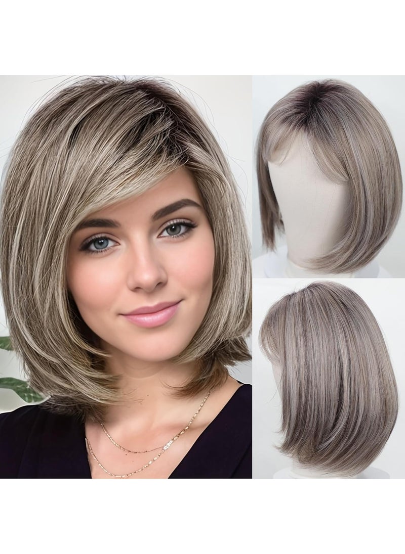 RENERSHOW - RENERSHOW Short Ombre Grey Wigs for Women Layered Chin length Gray Bob Wig Midlength Straight Hair Wig Natural Looking Synthetic Wig - Image 1
