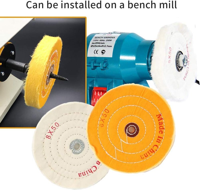 Carkio 8 inch Buffing Wheel Cotton Pad Set, 50 Ply Cloth Cotton Extra Thick Polishing Wheels with 1/2" Arbor Hole, for Bench Grinder Tool, White and Yellow, 2 Pack - Image 5