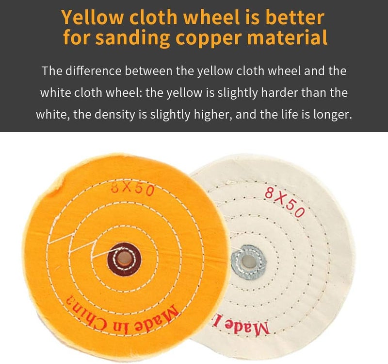 Carkio 8 inch Buffing Wheel Cotton Pad Set, 50 Ply Cloth Cotton Extra Thick Polishing Wheels with 1/2" Arbor Hole, for Bench Grinder Tool, White and Yellow, 2 Pack - Image 3