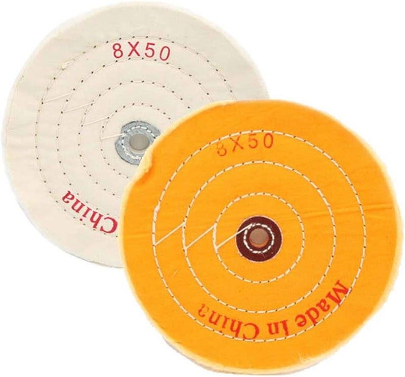 Carkio 8 inch Buffing Wheel Cotton Pad Set, 50 Ply Cloth Cotton Extra Thick Polishing Wheels with 1/2" Arbor Hole, for Bench Grinder Tool, White and Yellow, 2 Pack - Image 1