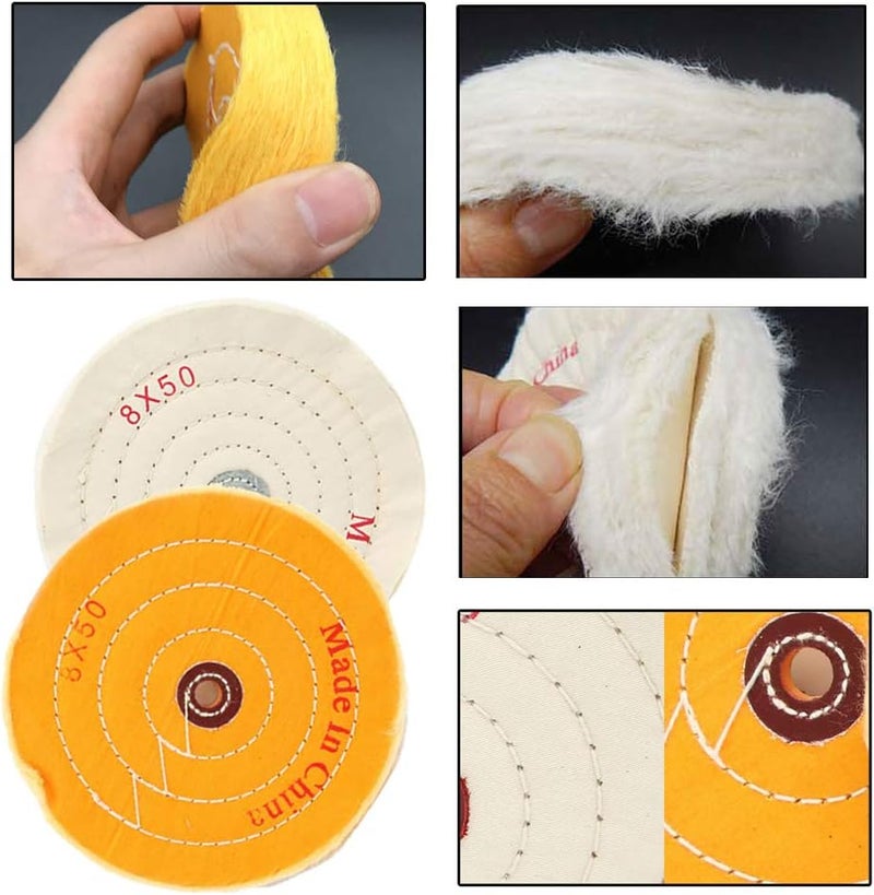 Carkio 8 inch Buffing Wheel Cotton Pad Set, 50 Ply Cloth Cotton Extra Thick Polishing Wheels with 1/2" Arbor Hole, for Bench Grinder Tool, White and Yellow, 2 Pack - Image 2