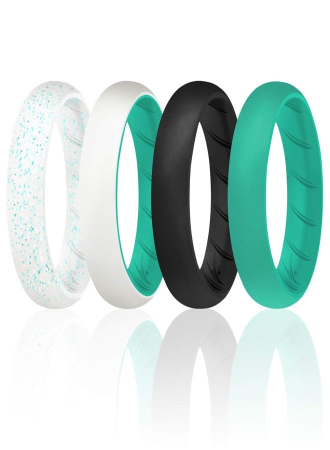 ROQ Silicone Rings for Women, Breathable Silicone Rings, Sets of 4 Bands, Unique Silicone Wedding Ring for Women, Medical Grade Silicone Rubber Band - Turquoise, Black, White Colors - Size 11 - Image 1