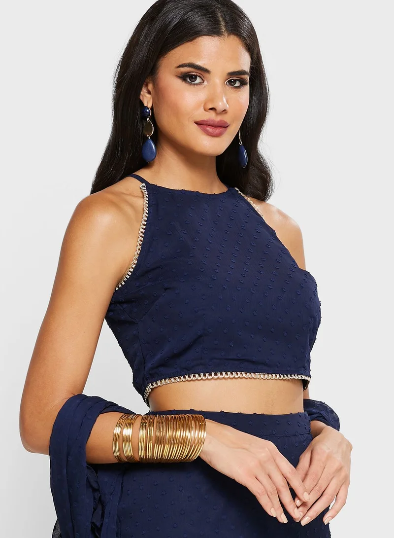 indya Navy Swiss Dot Halter Crop Top