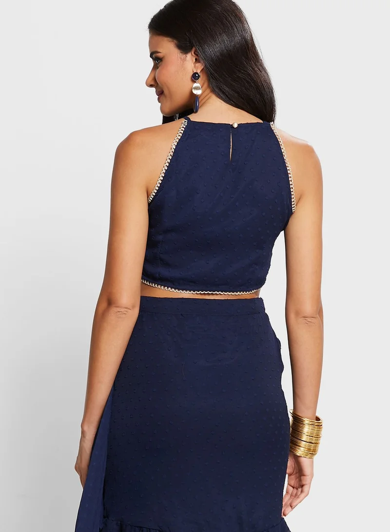 indya Navy Swiss Dot Halter Crop Top