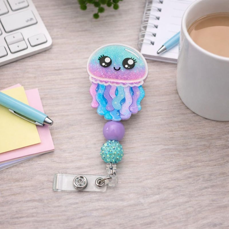 YJ PREMIUMS Jellyfish Badge Reel Cute Nurse Pediatric Acrylic ID Name Retractable Holder Clip Kawaii Blue Girly Cartoon Gifts for Peds Nurses Week Pharmacy Medical Assistant RN Coworkers Teachers Healthcare - Image 4