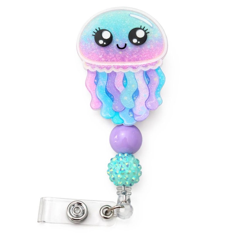 YJ PREMIUMS Jellyfish Badge Reel Cute Nurse Pediatric Acrylic ID Name Retractable Holder Clip Kawaii Blue Girly Cartoon Gifts for Peds Nurses Week Pharmacy Medical Assistant RN Coworkers Teachers Healthcare - Image 1