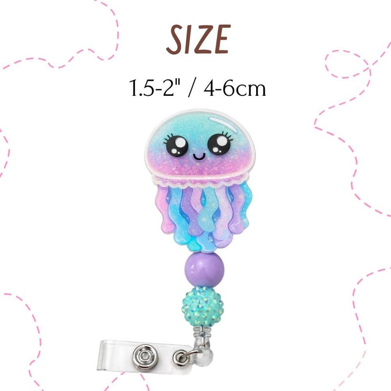 YJ PREMIUMS Jellyfish Badge Reel Cute Nurse Pediatric Acrylic ID Name Retractable Holder Clip Kawaii Blue Girly Cartoon Gifts for Peds Nurses Week Pharmacy Medical Assistant RN Coworkers Teachers Healthcare - Image 2