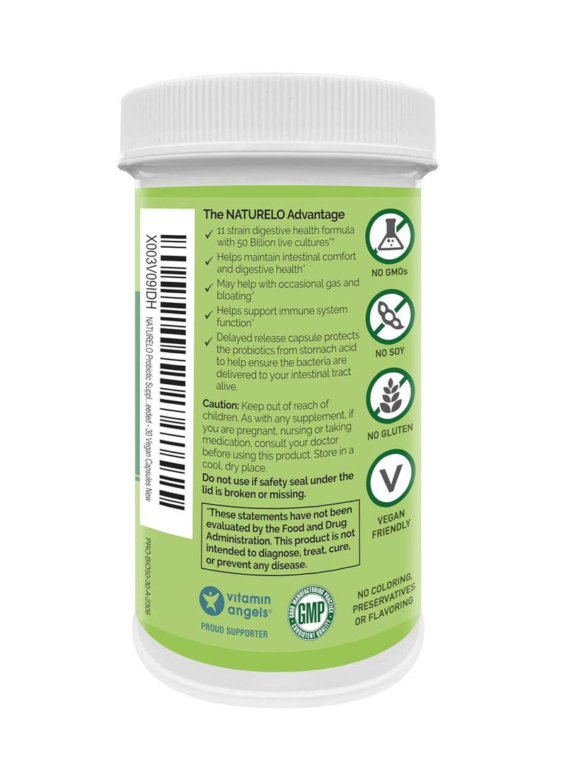NATURELO Premium Supplements - Probiotics for Digestive Health - 50 Billion CFU, 11 Strains Daily Supplement - Boosts Immune System, Delayed Release, 30 Vegetarian Capsules - Image 1