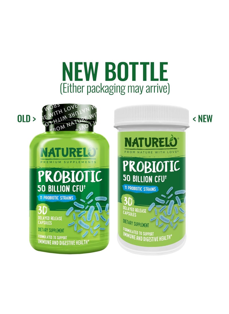 NATURELO Premium Supplements - Probiotics for Digestive Health - 50 Billion CFU, 11 Strains Daily Supplement - Boosts Immune System, Delayed Release, 30 Vegetarian Capsules - Image 1