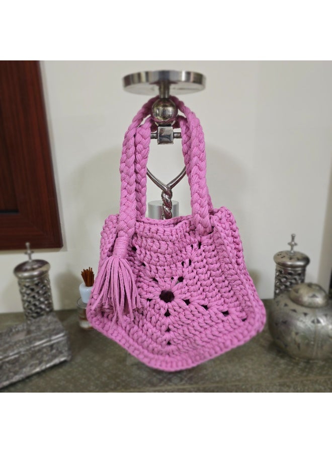 RandSac Lilac Flower-Shaped Crochet Bag with Braided Straps and Tassel - Image 3