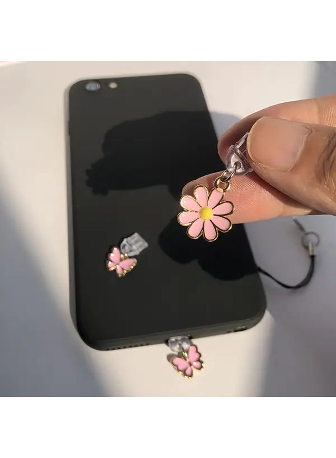 2 قطعة سدادة غبار لهاتف زهرة وردية وفراشة متعددة الوظائف وحماية وديكور لـ iPhone 6-14 من نوع C - Image 4