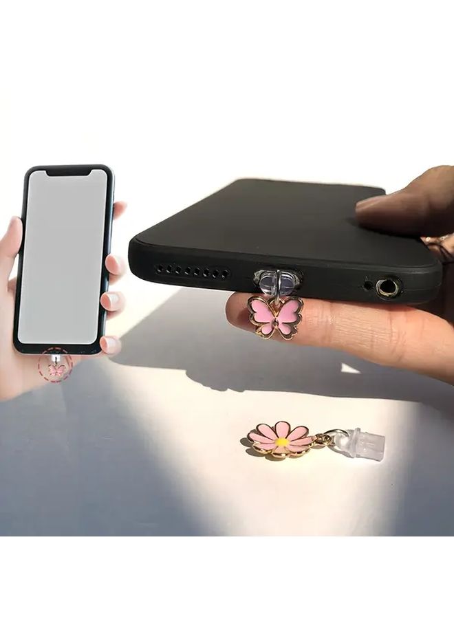 2 قطعة سدادة غبار لهاتف زهرة وردية وفراشة متعددة الوظائف وحماية وديكور لـ iPhone 6-14 من نوع C - Image 1