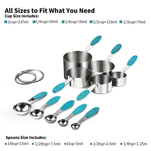 U-Taste Measuring Cups : U-Taste 18/8 Stainless Steel Measuring Cups and Spoons Set of 10 Piece, Upgraded Thickness Handle (Teal) - Image 2