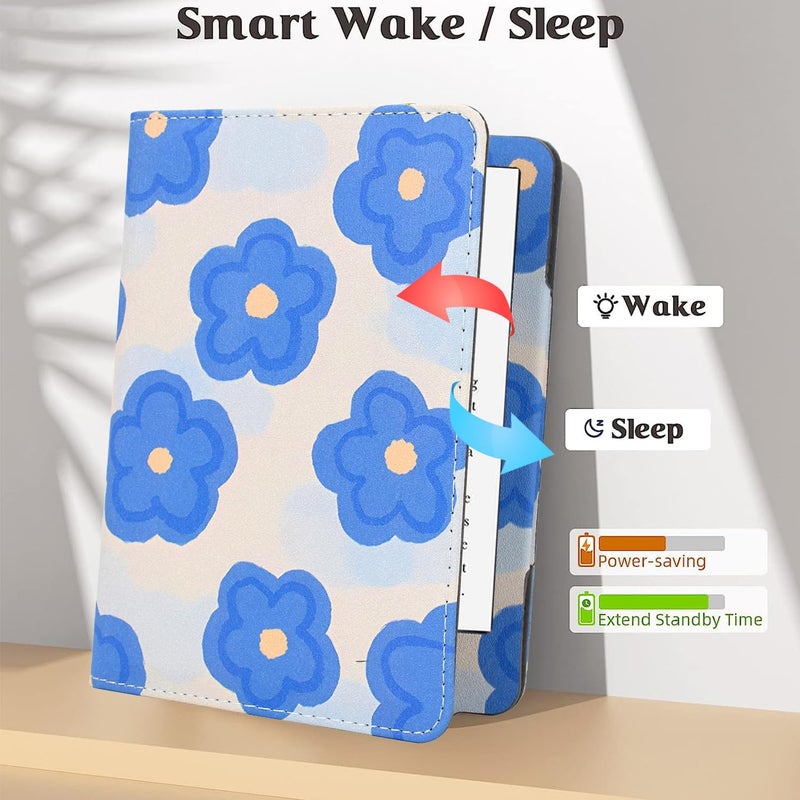KEROM Case for 6" Kindle Paperwhite (10th/7th/6th/5th Generation, 2012-2018 Release), Premium PU Leather Cute Cover Case with Foldable Stand, Hand Strap, Card Slot, Auto Sleep/Wake - Blue Flowers - Image 3