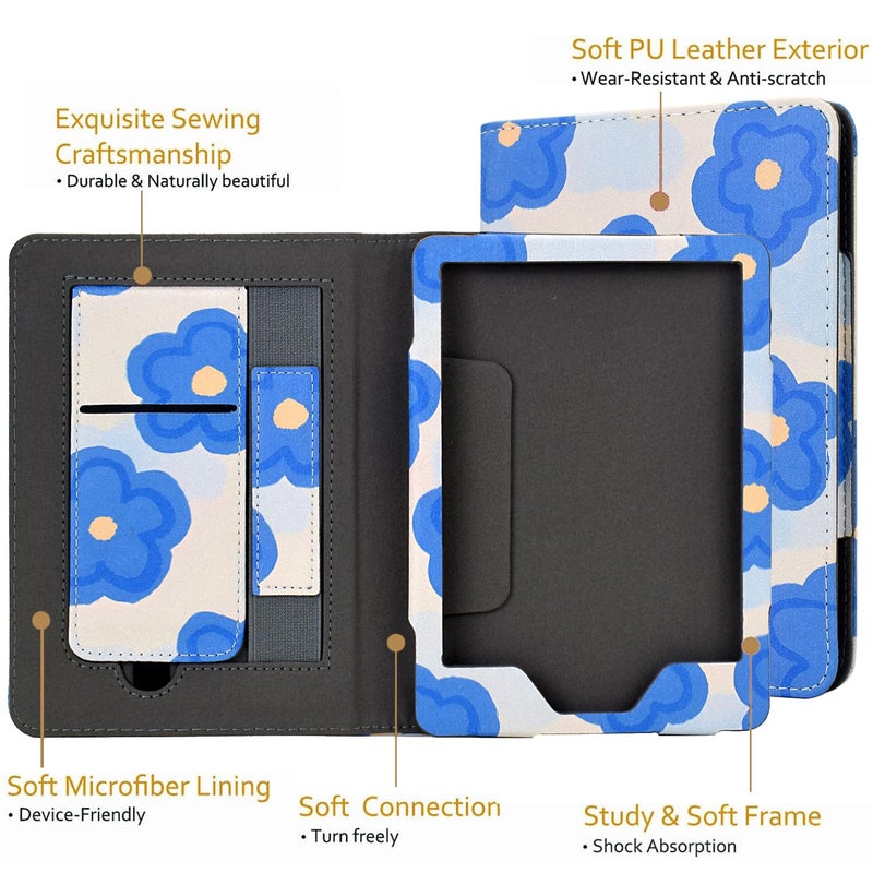 KEROM Case for 6" Kindle Paperwhite (10th/7th/6th/5th Generation, 2012-2018 Release), Premium PU Leather Cute Cover Case with Foldable Stand, Hand Strap, Card Slot, Auto Sleep/Wake - Blue Flowers - Image 4