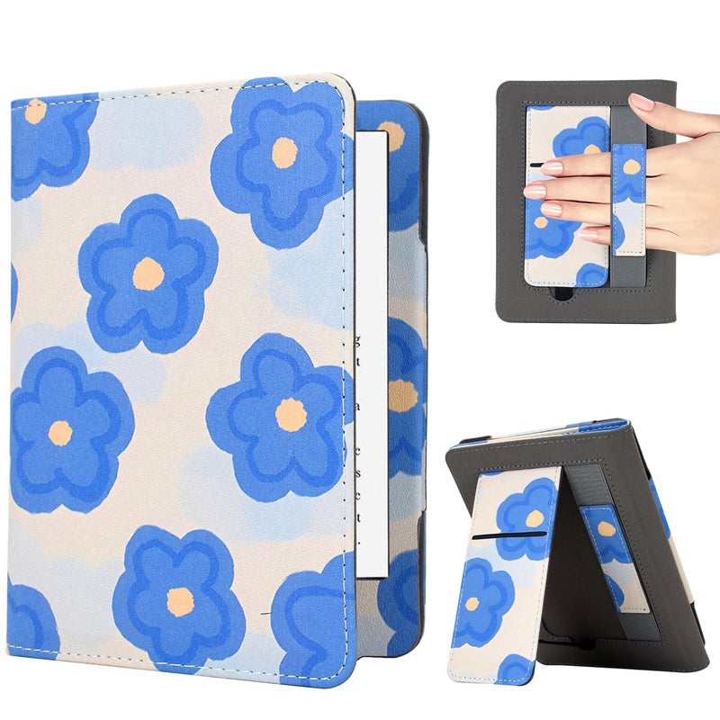KEROM Case for 6" Kindle Paperwhite (10th/7th/6th/5th Generation, 2012-2018 Release), Premium PU Leather Cute Cover Case with Foldable Stand, Hand Strap, Card Slot, Auto Sleep/Wake - Blue Flowers - Image 1