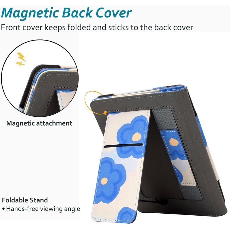 KEROM Case for 6" Kindle Paperwhite (10th/7th/6th/5th Generation, 2012-2018 Release), Premium PU Leather Cute Cover Case with Foldable Stand, Hand Strap, Card Slot, Auto Sleep/Wake - Blue Flowers - Image 5