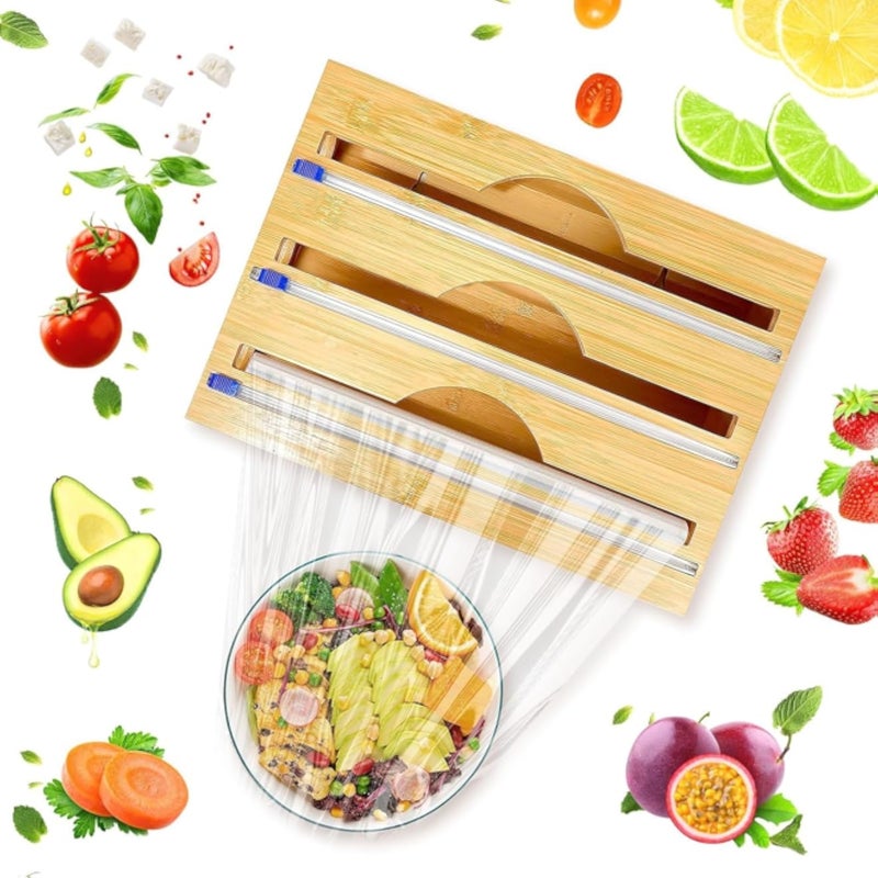 موزع رقائق معدنية من الخيزران والخشب 3 في 1 مع قاطع، منظم تخزين لرقائق الألومنيوم، ورق التغليف، ورق البرشمان، موزع رقائق معدنية لدرج خزانة المطبخ (بيج)