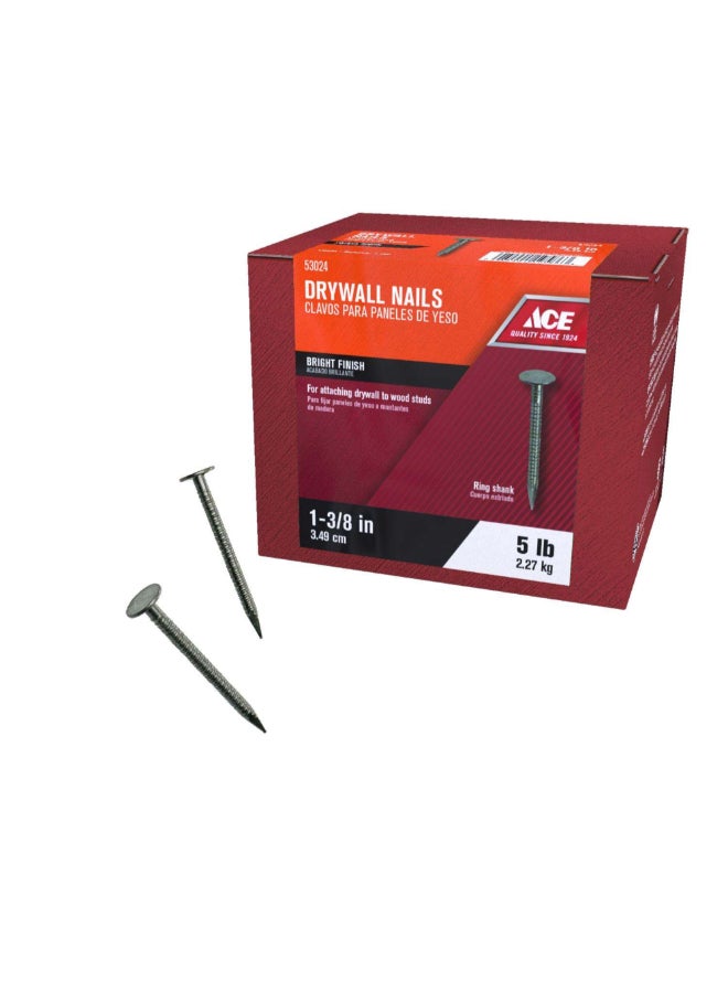 ACE Bright Finish Ring Shank Flat Head Drywall Nails Silver 1-3/8 Inch ACE53024  - Image 2
