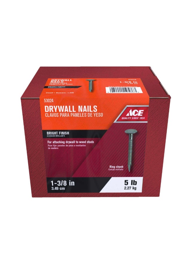 ACE Bright Finish Ring Shank Flat Head Drywall Nails Silver 1-3/8 Inch ACE53024  - Image 1
