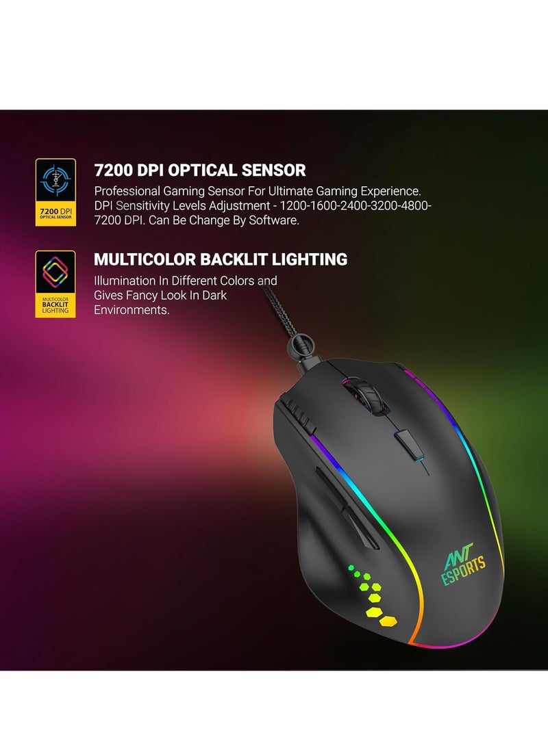 GM600 RGB Wired Programmable Gaming Mouse | 7200 DPI Optical Sensor | HUANO Mouse Switches | 7-Button Design with Macros Support
