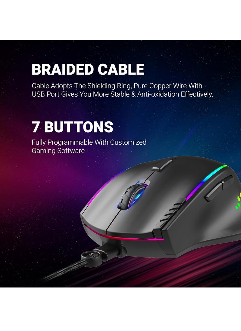 GM600 RGB Wired Programmable Gaming Mouse | 7200 DPI Optical Sensor | HUANO Mouse Switches | 7-Button Design with Macros Support