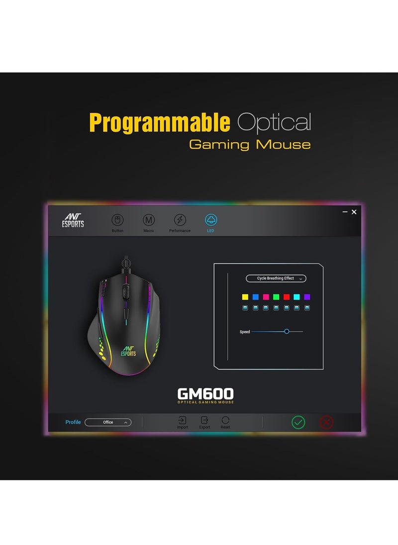 GM600 RGB Wired Programmable Gaming Mouse | 7200 DPI Optical Sensor | HUANO Mouse Switches | 7-Button Design with Macros Support