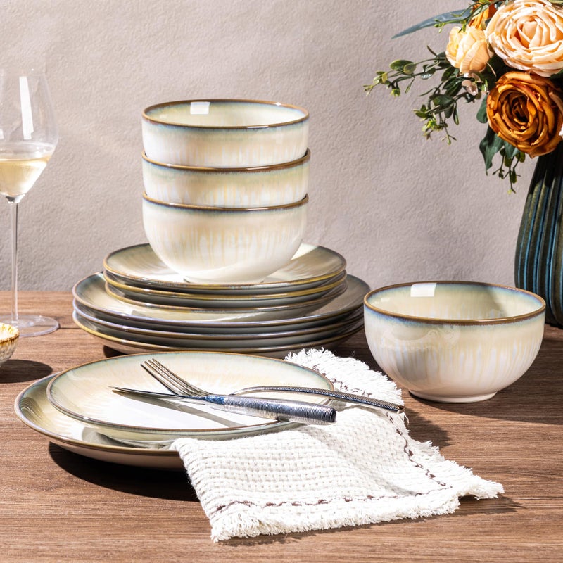 LERATIO Ceramic Dinnerware Sets for 4,Porcelain Plates and Bowls Sets,Handmade Reactive Glaze Dishes Set,Chip Resistant and Scratch Resistant | Oven&Dishwasher & Microwave Safe,Service for 4 - Image 1