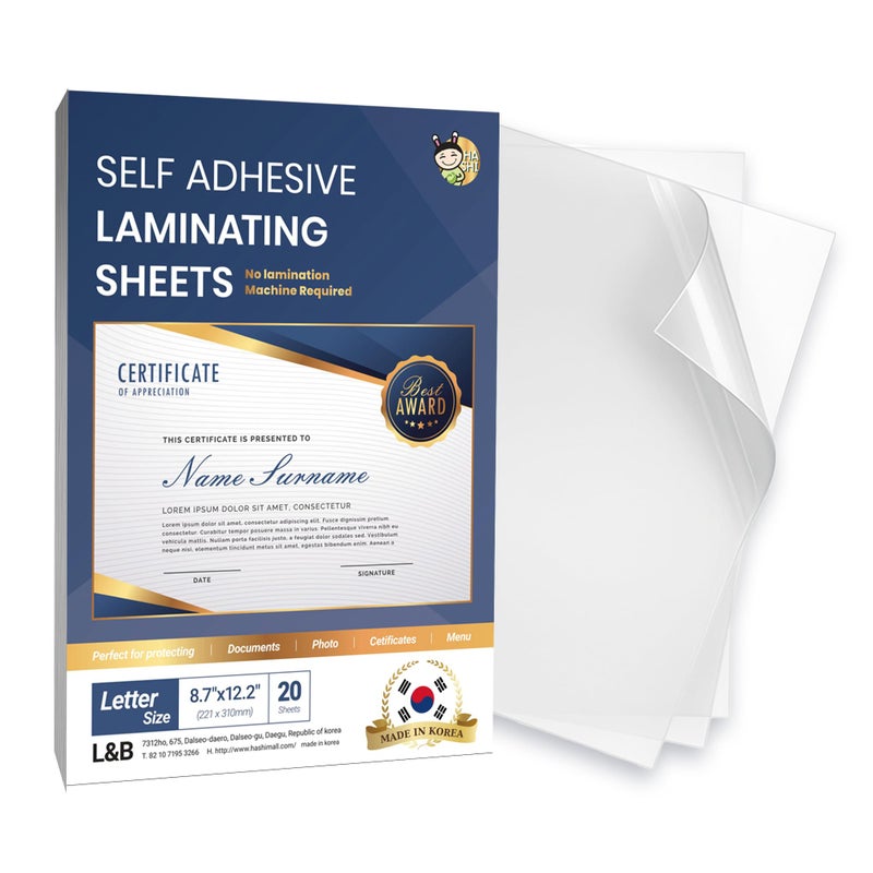 No Heat Laminating Sheets Self Sealing 8.7 x 12.2 Inch, 20 Pack, 4mil Thickness, Transparent, No Machine Self Adhesive Laminating Sheets, Protect documents and Photos [Letter Size] by HA SHI