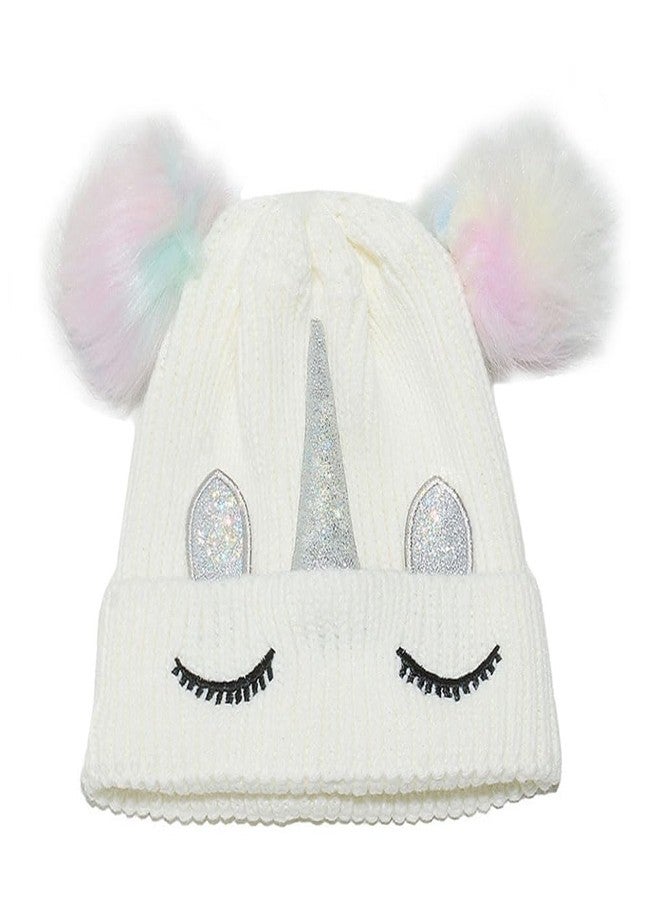 Newfancy Little Girls Winter Sequin Unicorn Beanie Hat with Pom Pom Knit Cap for Kids Baby Toddler, White With Colorful Pompom, One Size - Image 3