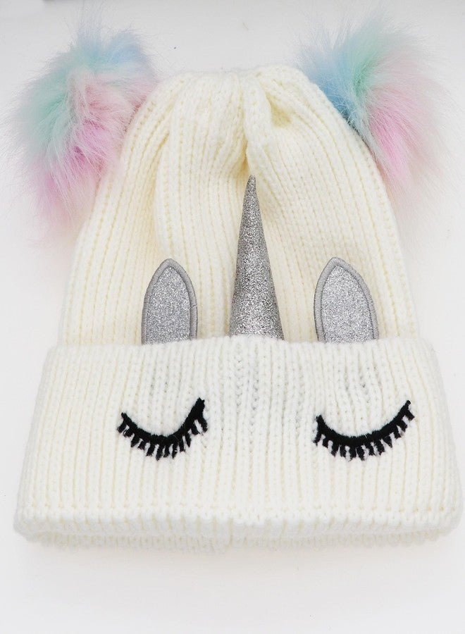 Newfancy Little Girls Winter Sequin Unicorn Beanie Hat with Pom Pom Knit Cap for Kids Baby Toddler, White With Colorful Pompom, One Size - Image 4