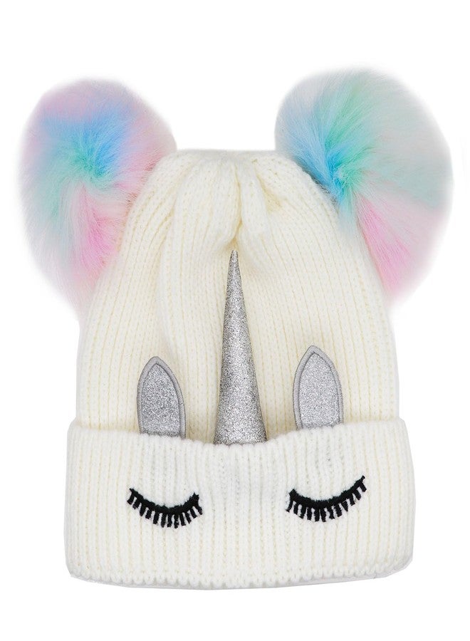 Newfancy Little Girls Winter Sequin Unicorn Beanie Hat with Pom Pom Knit Cap for Kids Baby Toddler, White With Colorful Pompom, One Size - Image 1