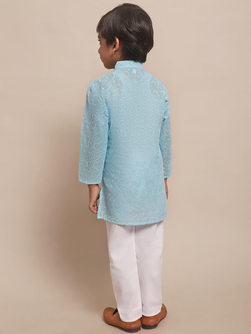 superminis Baby Boys Cotton Solid Ethnic Wear Colored Chikankari Kurta Set, Round Collar, Full Sleeves With Pyjama (Blue,White, 7-8 Years) - Image 3