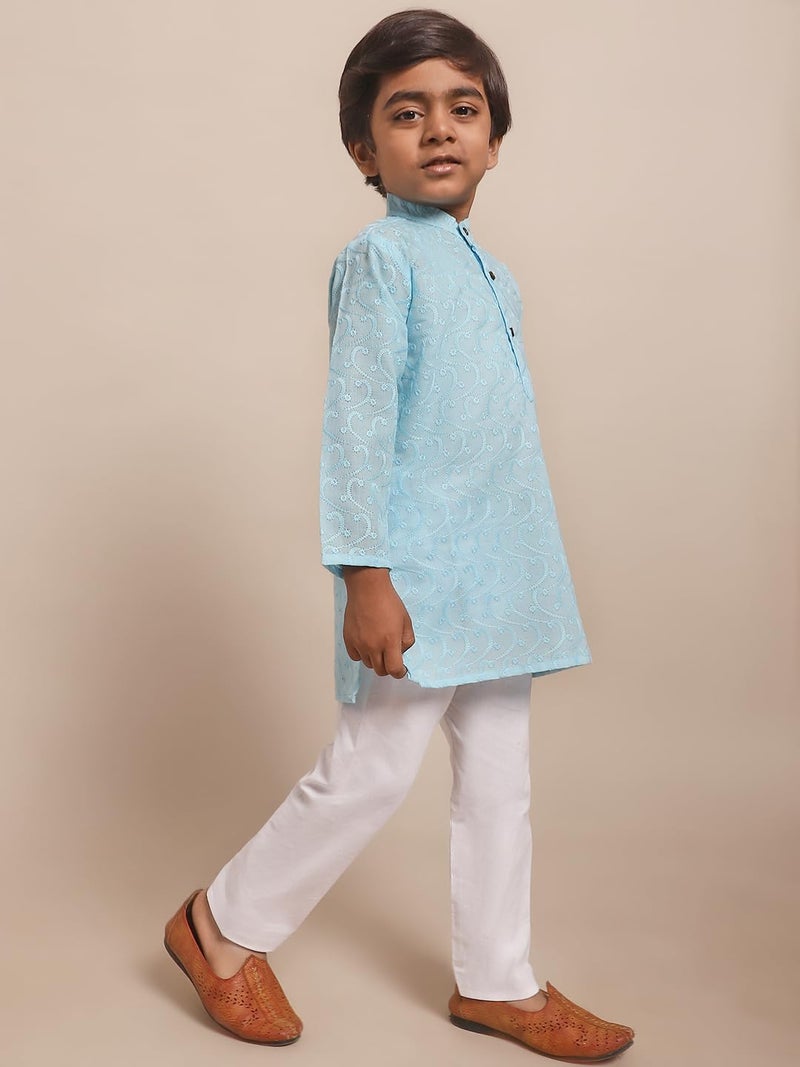 superminis Baby Boys Cotton Solid Ethnic Wear Colored Chikankari Kurta Set, Round Collar, Full Sleeves With Pyjama (Blue,White, 7-8 Years) - Image 5