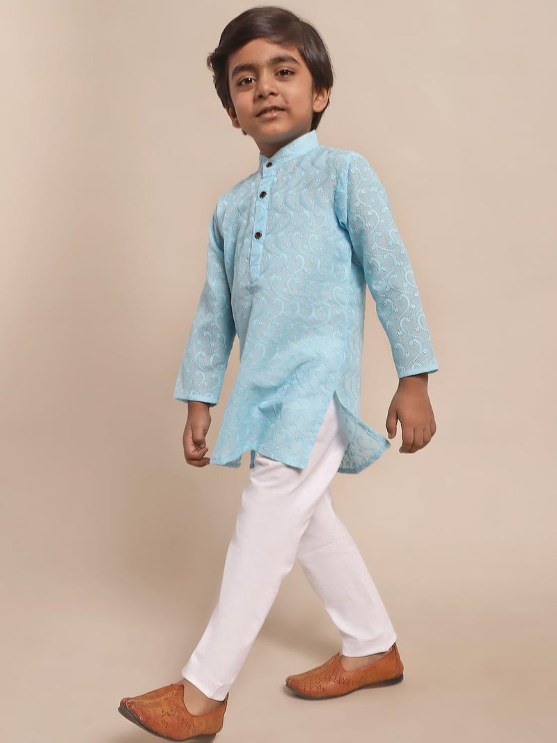 superminis Baby Boys Cotton Solid Ethnic Wear Colored Chikankari Kurta Set, Round Collar, Full Sleeves With Pyjama (Blue,White, 7-8 Years) - Image 4