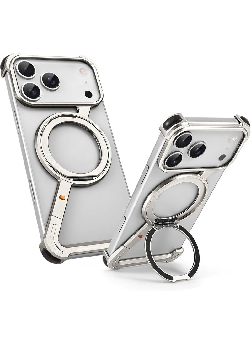 Oatsbasf for iPhone 17 Pro Max Case, 360° Rotation Kickstand Aluminum Metal Frameless Design Bumper Cover, Natural Titanium - Image 1