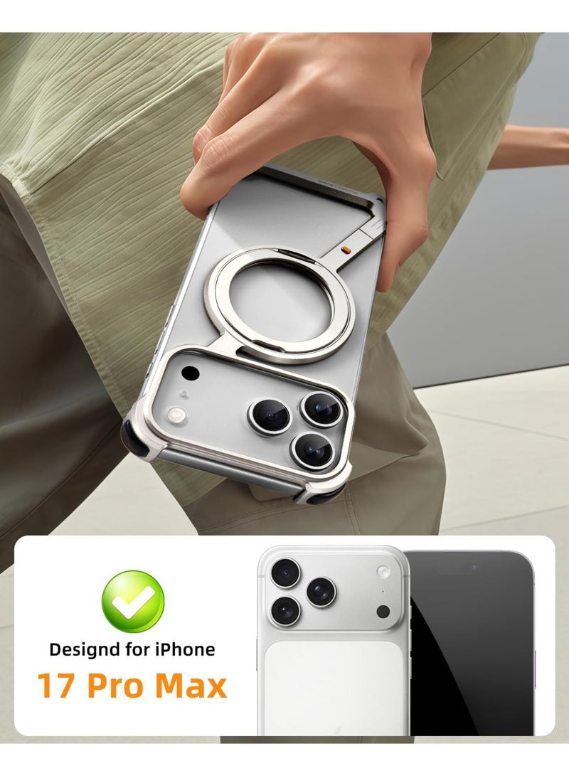 Oatsbasf for iPhone 17 Pro Max Case, 360° Rotation Kickstand Aluminum Metal Frameless Design Bumper Cover, Natural Titanium - Image 3