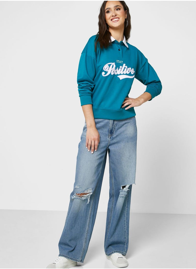 Ginger - Henley Collar Sweatshirt With Embroidery - Image 1