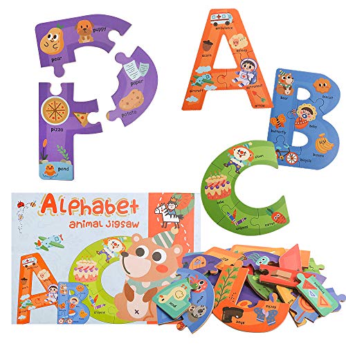 JCREN Wooden Jumbo Alphabet ABC Letter Toddler Puzzles Color Shape Animals Recognition Montessori STEM Jigsaw Preschool Learning Educational Toy for Kids 3 4 5 Years Old Boys Girls - Image 1