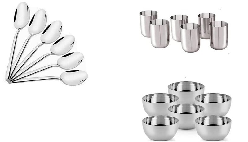 ASHMIK Dinner Set Including Bowl,Spoon,Glass Highly Durable 6 Royal Glass, 6 Bowl and 6 Spoon Combo Set 3 Dinner Set | Dinner Set Pack of 18 Pcs - Image 1