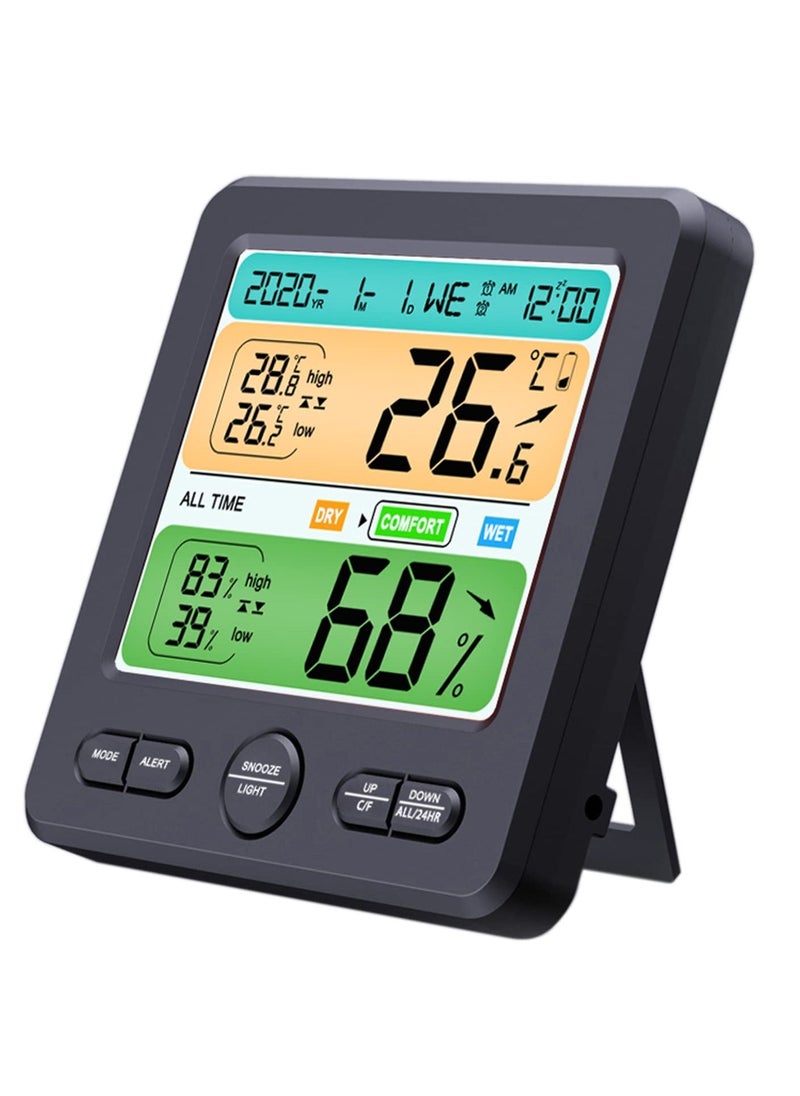 Generic - Indoor Thermometer/Hygrometer, Precision Digital Thermometer Clock, Color Alarm to Remind, with Comfort, Max/Minimum Value, Alarm Clock, Calendar Week, for Bedroom, Nursery, etc. Grey - Image 1