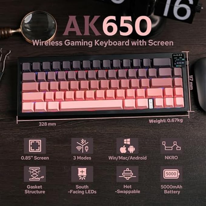A-jazz AK650 65% SEAL MECHANICAL GAMING KEYBOARD, 3 MODES WIRELESS WITH 0.85 INCH TFT SCREEN & BUTTON, 5000 MAH BATTERY, HOT SWAPPABLE WITH FLEX-CUT PLATE & PCB (BLACK PINK) - Image 2