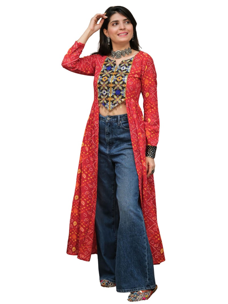 EthnicJunction Women's Cotton Blend Bandhani Print & Embroidered Front Slit Navratri Special Long Kurta | Navratri speical Kurta | Ethnic Kurta - Image 1