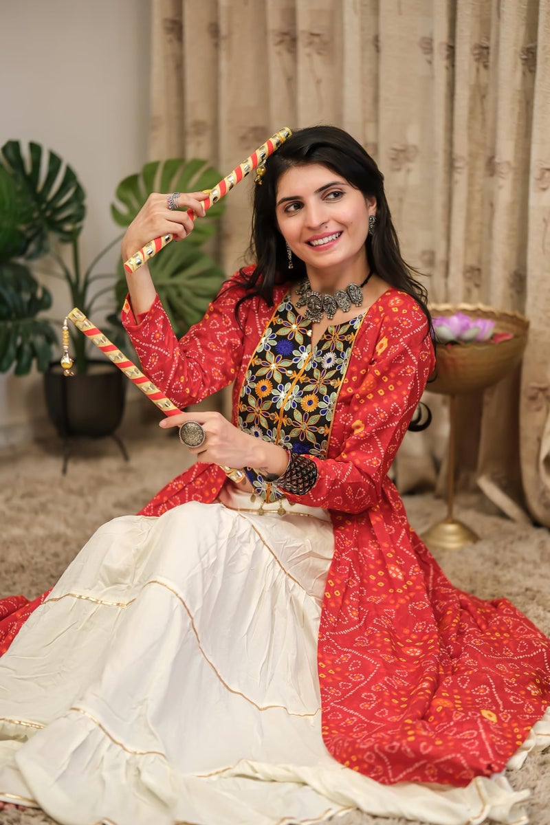 EthnicJunction Women's Cotton Blend Bandhani Print & Embroidered Front Slit Navratri Special Long Kurta | Navratri speical Kurta | Ethnic Kurta - Image 2