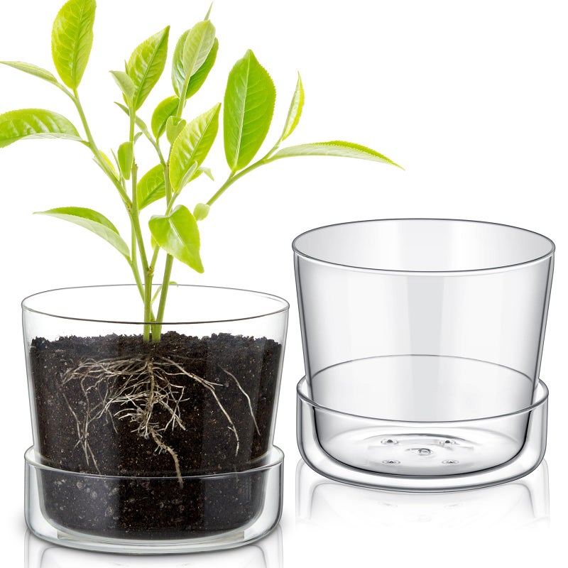 Singhoow 2 Sets 6 Inch Glass Planter with Drainage Hole and Tray Indoor Clear Plant Pots with Saucer Modern Decorative Orchid Glass Pot for Outdoor Flower Plants - Image 1