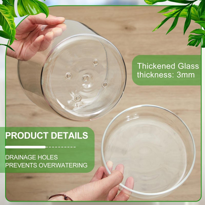 Singhoow 2 Sets 6 Inch Glass Planter with Drainage Hole and Tray Indoor Clear Plant Pots with Saucer Modern Decorative Orchid Glass Pot for Outdoor Flower Plants - Image 4