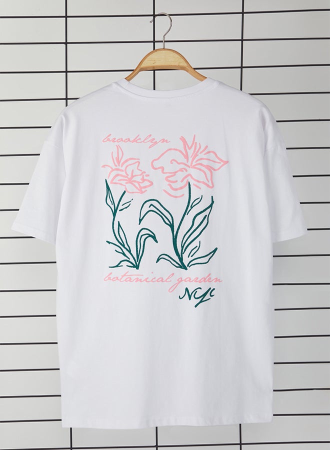trendyol White Unisex Oversize/Wide Cut Floral Print 100% Cotton T-Shirt - Image 2